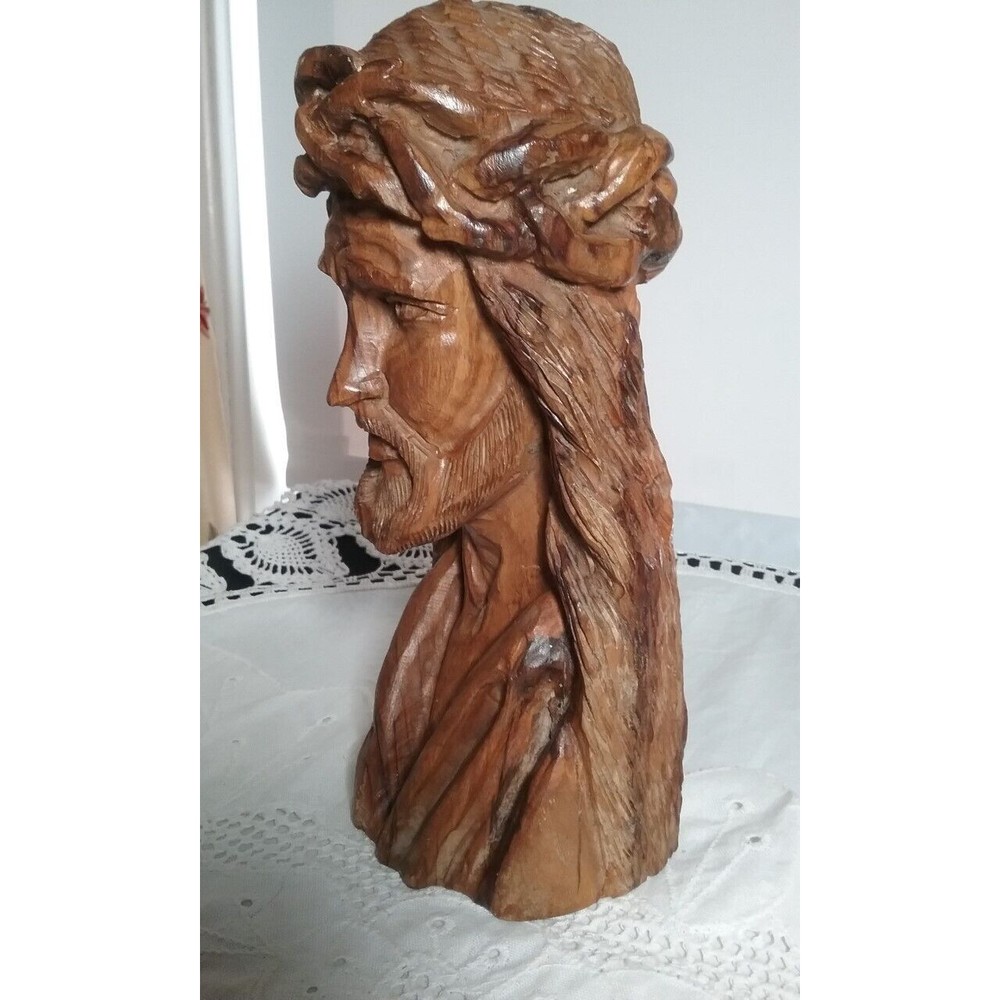 Vintage Hand Carved Olive Wood Jesus Head Bust Statue Crown of Thorns 9”